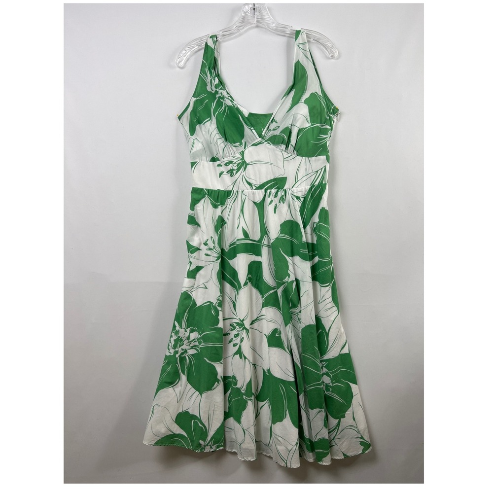 Coldwater Creek Floral Midi Dress Women 8 Green White Cotton Fit Flare Sun Dress